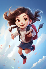 Illustration of a happy school girl with backpack jumping high happy for the first day of school. High quality photo