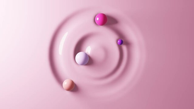 Four balls roll in a circle on a soft surface. Top view of spheres in contact with liquid material. 3D render.