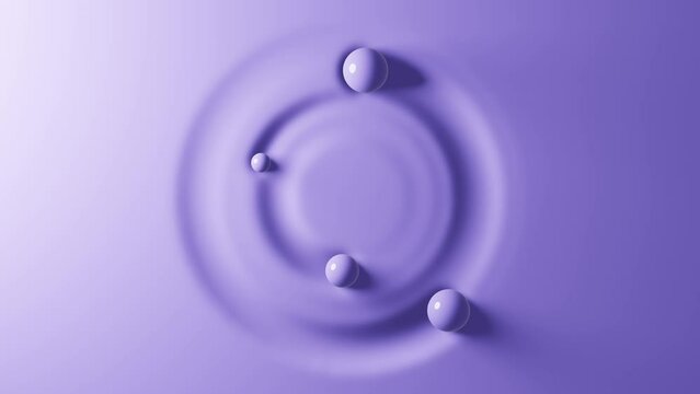 Four balls roll in a circle on a soft surface. Top view of spheres in contact with liquid material. 3D render.