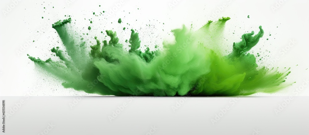 Poster green powder or dust explosion in a square border on a white backdrop, available space for use.