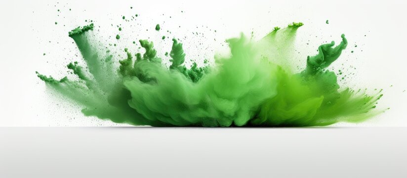 Green powder or dust explosion in a square border on a white backdrop, available space for use.
