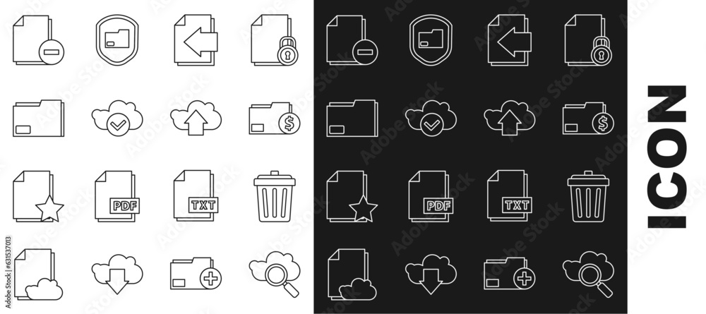 Poster set line search cloud computing, trash can, finance document folder, next page arrow, cloud with che