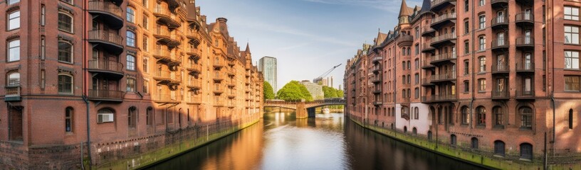 Fototapeta na wymiar Speicherstadt panorama in Hamburg, Germany, Generative AI