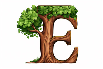 Organic tree font, alphabet letter E with green leaves isolated on white background, creative uppercase abc for nature and ecology concepts. Generative AI. 