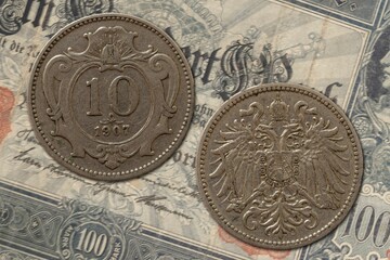 Closeup of two Austro-Hungarian 10 krone coins from 1907
