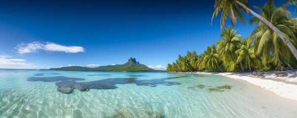 Fototapeta na wymiar Tropical beach panorama as background, Bora Bora, French Polynesia, Generative AI