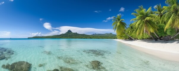 Fototapeta premium Tropical beach panorama as background, Bora Bora, French Polynesia, Generative AI