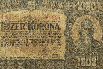 Closeup of a Hungarian 1000 Korona banknote depicting St. Stephen