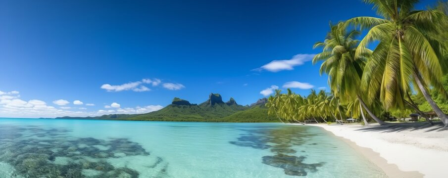 Tropical beach panorama as background, Bora Bora, French Polynesia, Generative AI