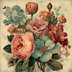 - flowers on old paper, vintage  , generative ai