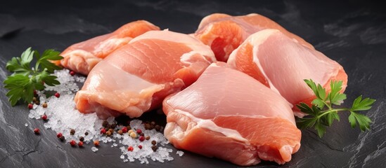 Skinless chicken thighs placed on a stone background with empty space for text.