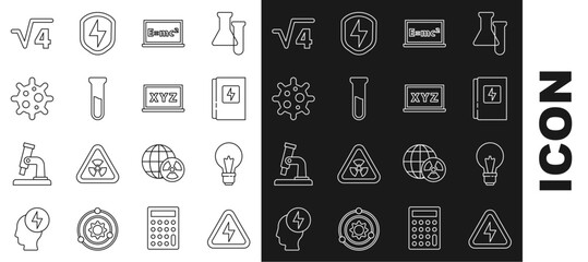 Set line High voltage, Light bulb with concept of idea, Electrical panel, Equation solution, Test tube and flask, Virus, Square root 4 glyph and XYZ Coordinate system icon. Vector