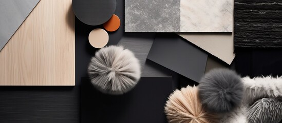 Flat lay composition in shades of grey and black with various textile and paint samples, lamella