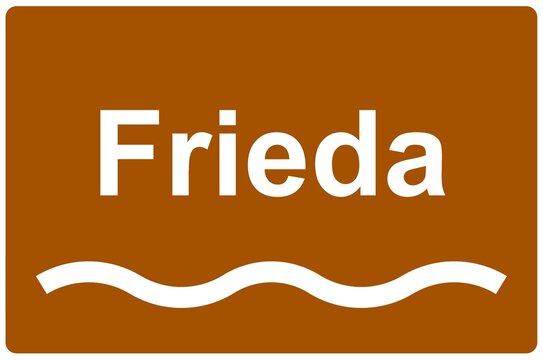 Illustration eines Flussnamenschildes des Flusses "Frieda"	