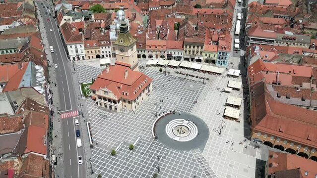 Aerial timelapse of the Council Square (Piata Sfatului) in Brasov, Romania