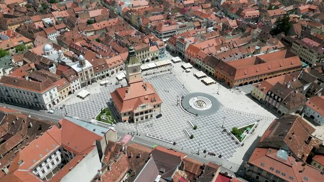 Aerial of the Council Square (Piata Sfatului) in Brasov, Romania