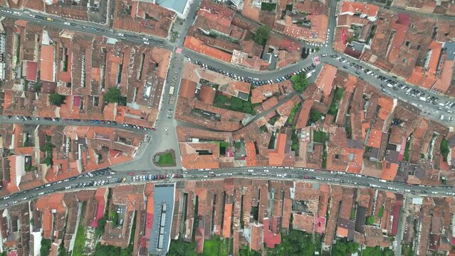 Aerial view of streets between residential buildings