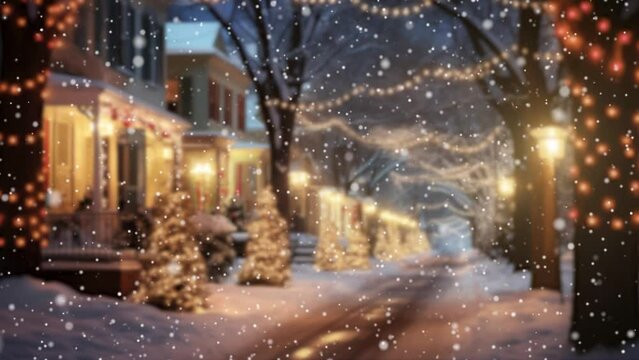 Snow falling on a deserted street decorated for Christmas. 4k seamless loop