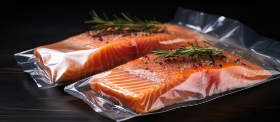 Salmon fillets packaged in a vacuum seal. A cooking method called sous-vide, which uses new - obrazy, fototapety, plakaty