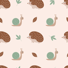 Autumn seamless pattern with cute hedgehog, snail and leaves. Fall or woodland animals theme wallpaper. Suitable for decorating kids' projects. Hand drawn vector illustration on pastel background. 