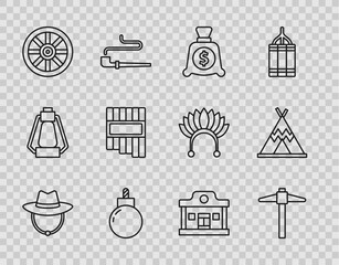 Set line Western cowboy hat, Pickaxe, Money bag, Bomb ready to explode, Old wooden wheel, Pan flute, Wild west saloon and Indian teepee or wigwam icon. Vector © Oksana