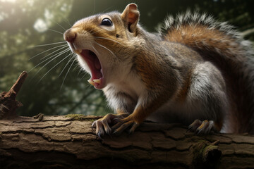 Portrait of a squirrel with open mouth on a background.