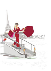 Fashion young woman in hat with shopping bags on the background with the Eiffel tower.  Hand drawn vector illustration. - 631539244