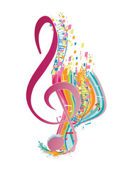 Abstract musical design with a treble clef and colorful splashes, notes and waves.  Colorful treble clef. Hand drawn vector illustration.