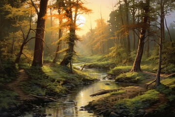 Fototapeta premium Flourishing forest, Emphasizing the towering trees, Verdant undergrowth, Myriad of wildlife, Gentle stream, Generative AI