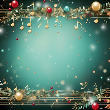 Christmas  green background, greeting card with festive decorations and  bright musical notes/