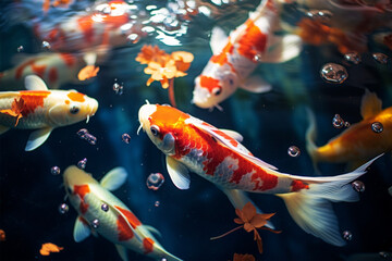 Colorful fish and koi swimming in vivid underwater world with sea life. - obrazy, fototapety, plakaty