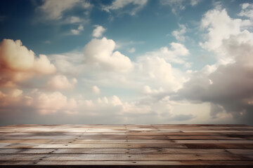 empty wooden table with sky and clouds background