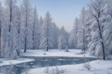 A Magical Scene of Snow-Covered Trees and a Frozen Lake, Embracing Winter's Charm