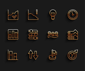 Set line Graph, chart, diagram, Arrow, Financial growth increase, Flag, and Location icon. Vector