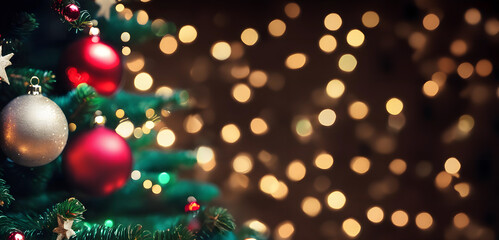 Fototapeta na wymiar Christmas tree with baubles and bokeh blurred lights on background. Copy space. Greetings card.