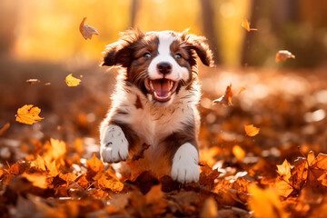 Cheerful puppy plays in autumn leaves