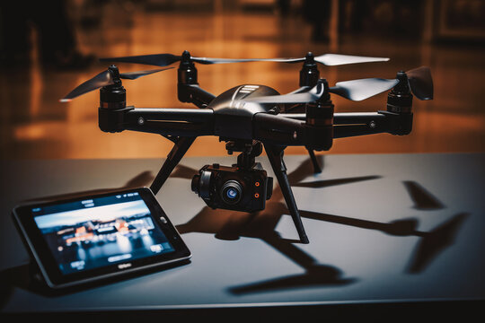 Drone with Camera and tablet on Wooden Table in Living Room, blurred background, generative ai