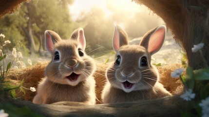 Two adorable smiling bunnies with huge eyes