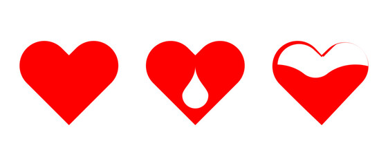 Red heart with a drop of blood emblem. Blood transfusion medical icons. Vector illustration isolated on white background.