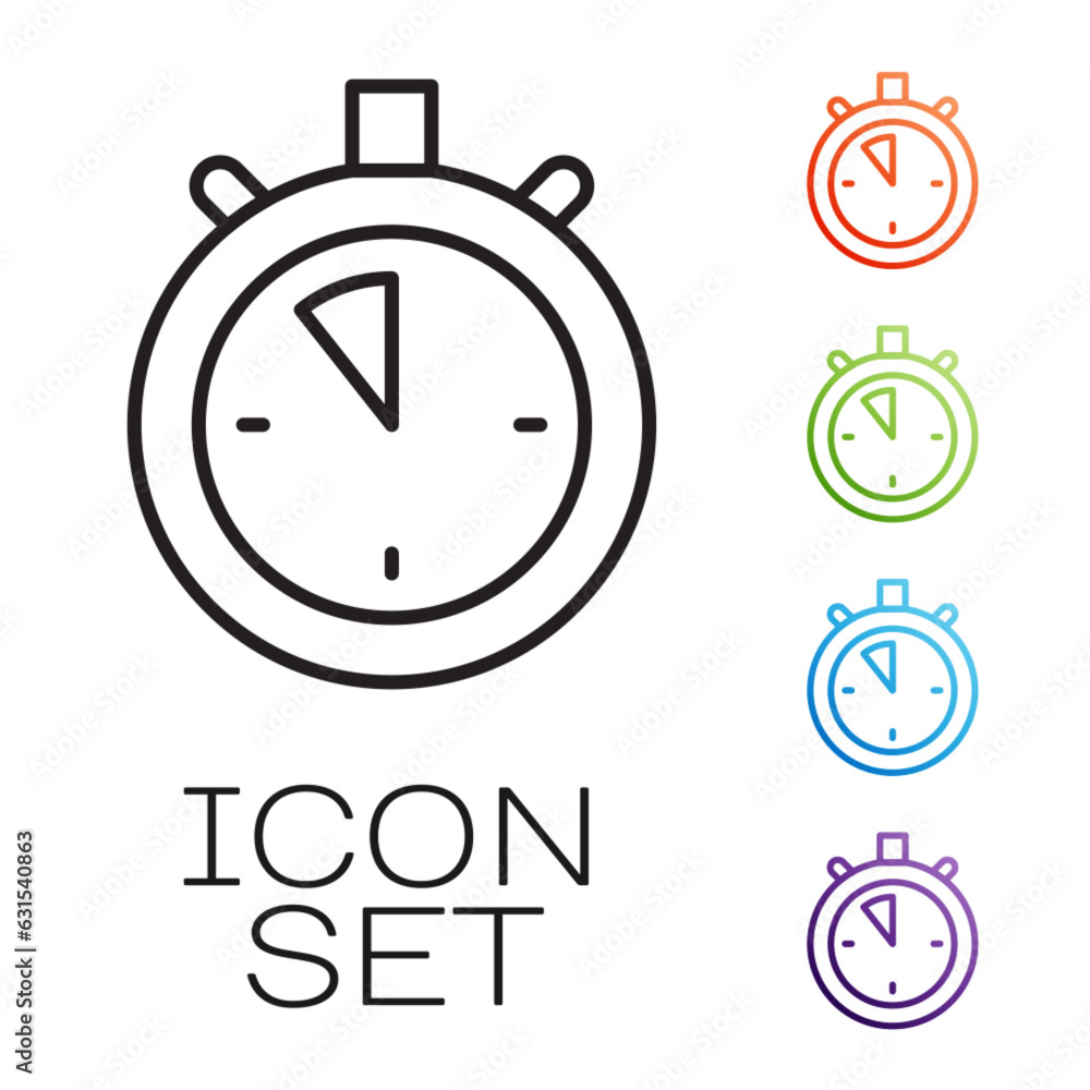 Poster black line stopwatch icon isolated on white background. time timer sign. chronometer sign. set icons