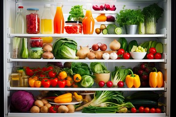 Fototapeta na wymiar Healthy Fridge: Open Refrigerator with Fresh Fruits, Vegetables, and Dairy Products for a Balanced Diet: Generative AI