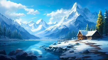 Icy Mountain Cottage by the River - Stunning Snowy Landscape With Majestic Mountains, Glittering Water and Icy Blue Skies - Perfect Desktop Background. Generative AI