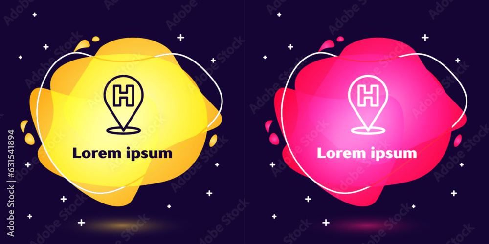 Poster set line medical map pointer with cross hospital icon isolated on blue background. abstract banner w