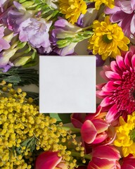 Vertical top view of a blank white box surrounded by colorful flowers