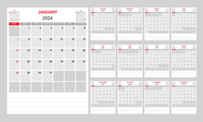 Monatlicher Kalender 2024, Woche startet  Sonntag - obrazy, fototapety, plakaty