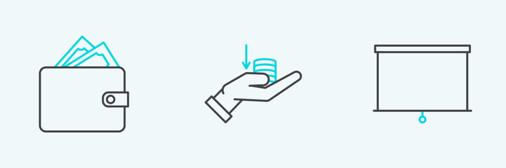 Set line Chalkboard, Wallet with stacks paper money cash and Money hand icon. Vector