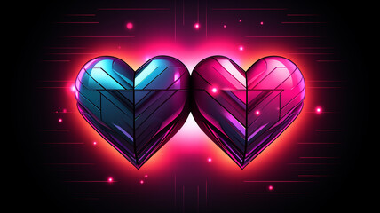 2 Herzen in Neon Farben mit Lichteffekten auf dunklem Hintergrund. Querformat. Generative Ai.