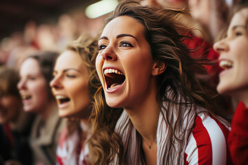 European girl in 20s yelling with enthusiasm at soccer game