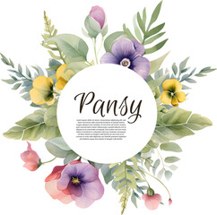 Vector invitation or greeting circle card with yelow and violet pansy flowers, lisianthus flowers and forget-me-not flowers. Vector