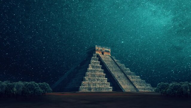 3D rendered animation of a Mesoamerican pyramid with the starry sky in the background